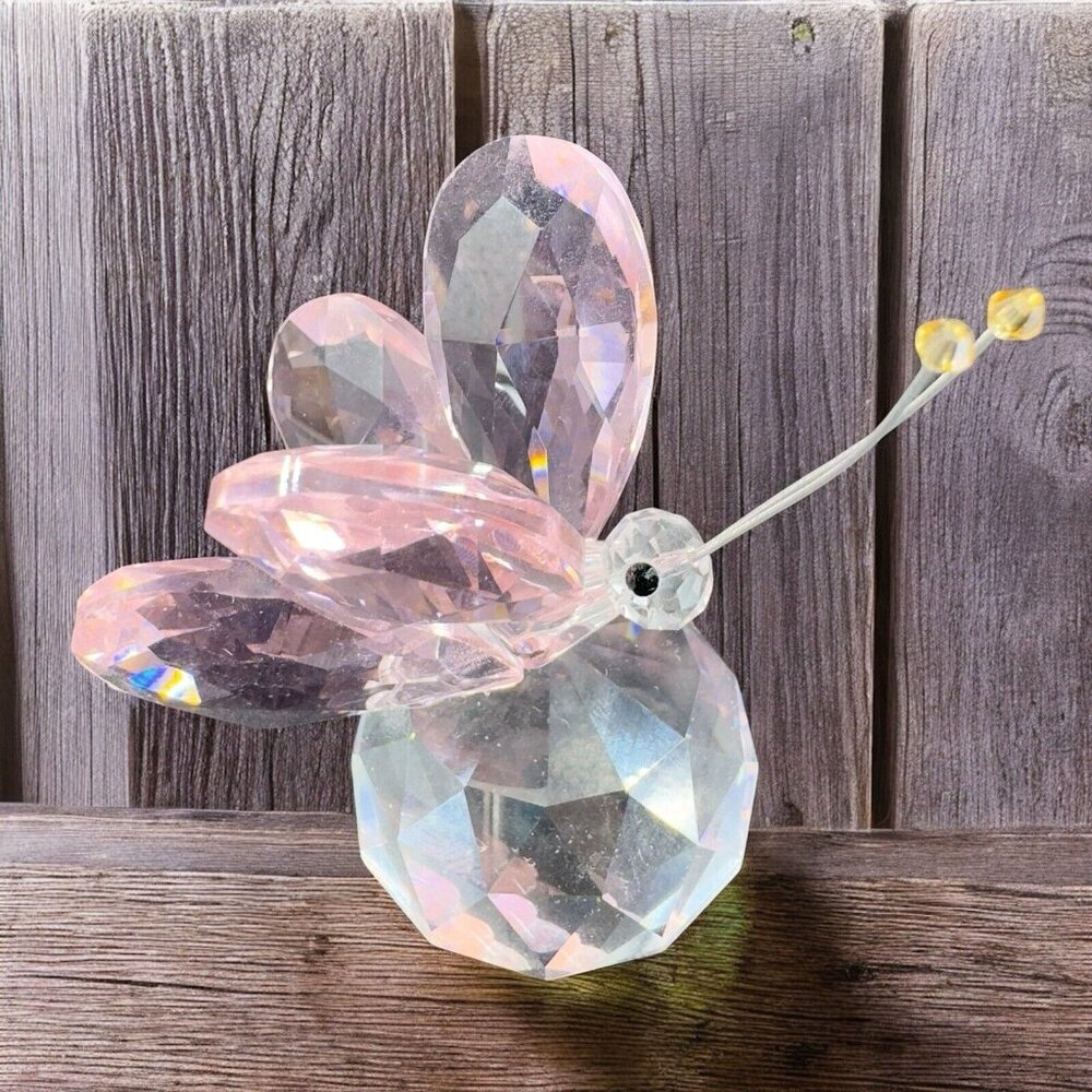 Elegant Crystal Butterfly Glass Faceted Figurine Small Delicate Clear Pink Wings